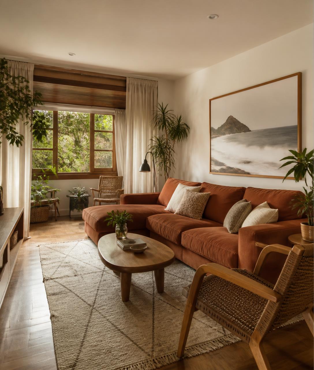Sala de estar projetada com sofá terracota, mesa de madeira e plantas